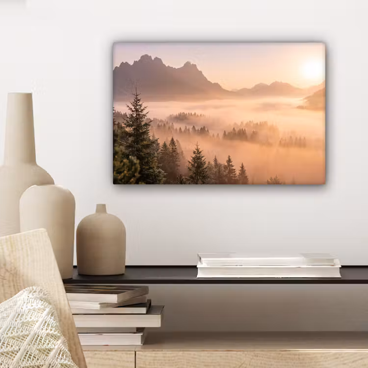 Zonlicht - Mist - Bergen - Bomen canvas 2cm klein -sfeer6