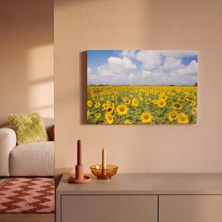 Zonnebloemen - Bloemen - Wolken - Natuur - Geel - Landschap canvas 2cm klein -sfeer1