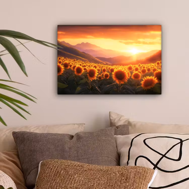 Zonnebloemen - Zonsondergang - Landschap canvas 2cm klein -sfeer1