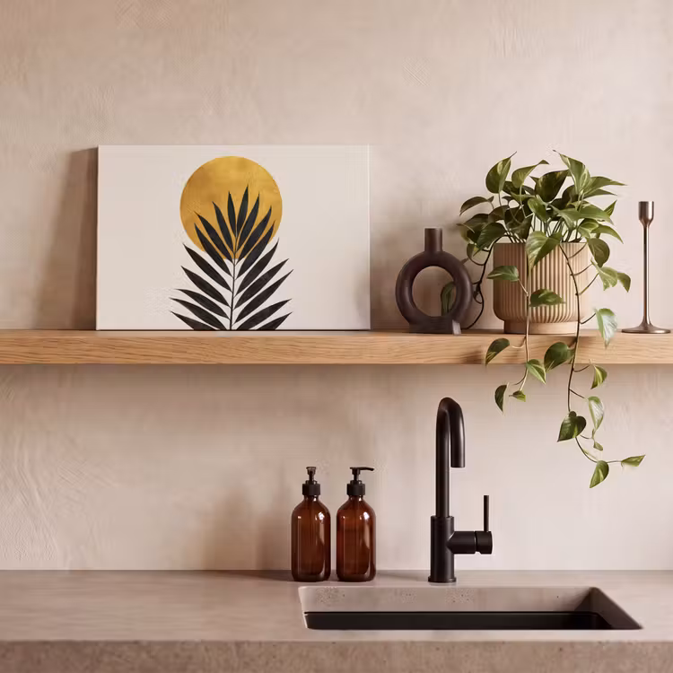 Zwart palmblad - Gouden cirkel - Beige achtergrond canvas 2cm klein -sfeer3