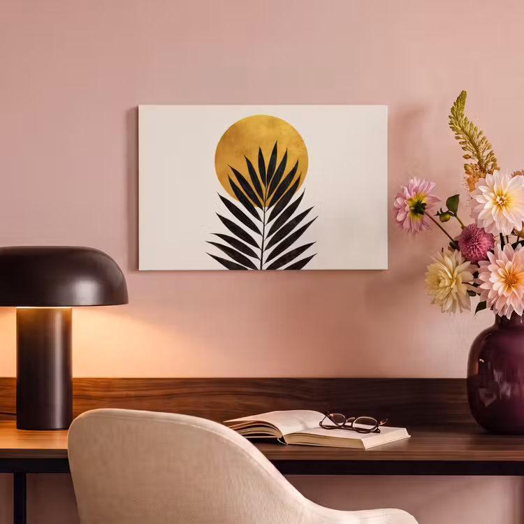 Zwart palmblad - Gouden cirkel - Beige achtergrond canvas 2cm klein -sfeer4
