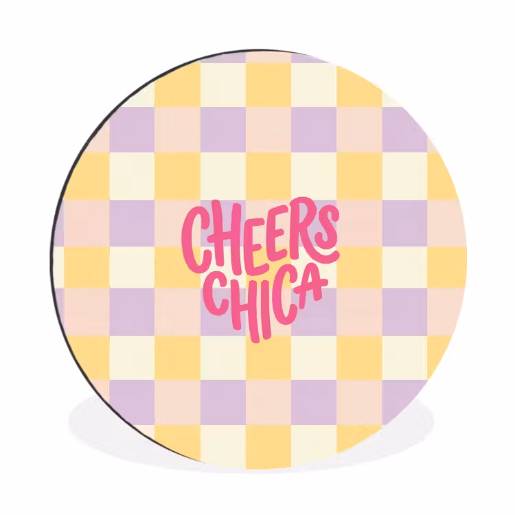 Cheers Chica - Ruitjes - Lila - Geel Wandcirkel aluminium klein -3d