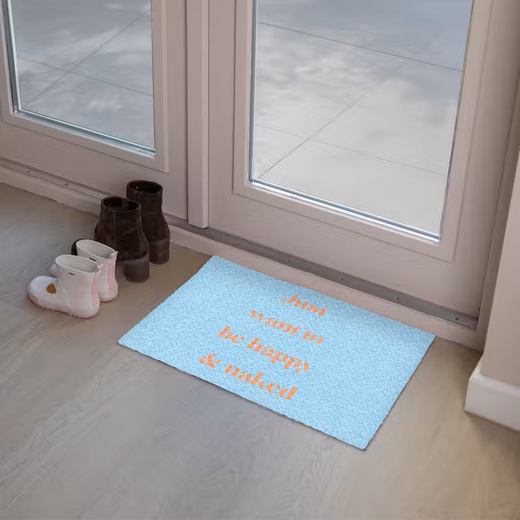 Blauw - Oranje - Just want to be happy & naked Deurmat klein -sfeer3