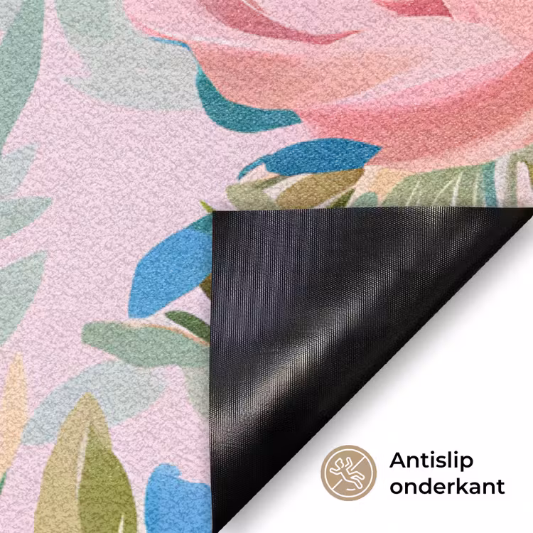 Blauw - Roze - Bloemen Deurmat klein -antislip_NL