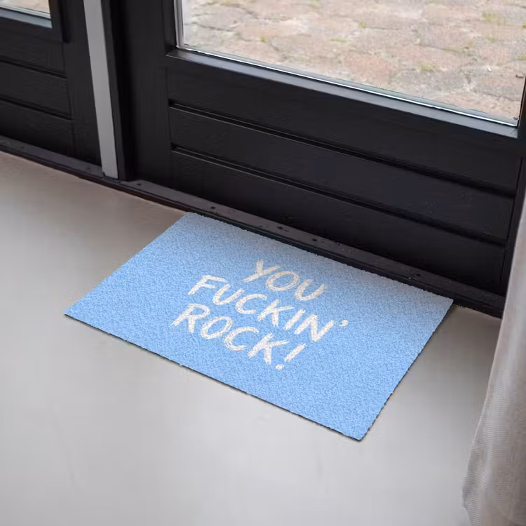 Blauw - Wit - You fuckin rock Deurmat klein -sfeer2