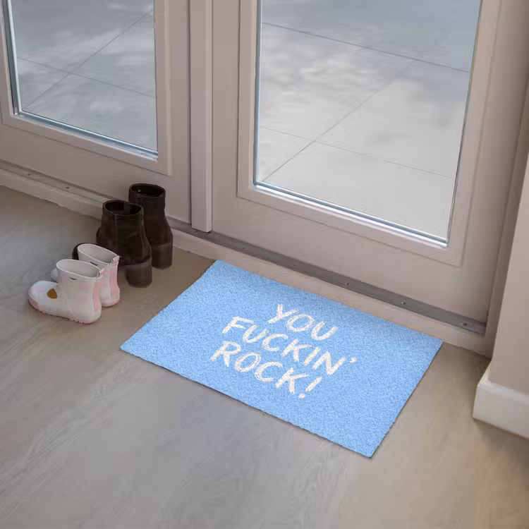 Blauw - Wit - You fuckin rock Deurmat klein -sfeer3