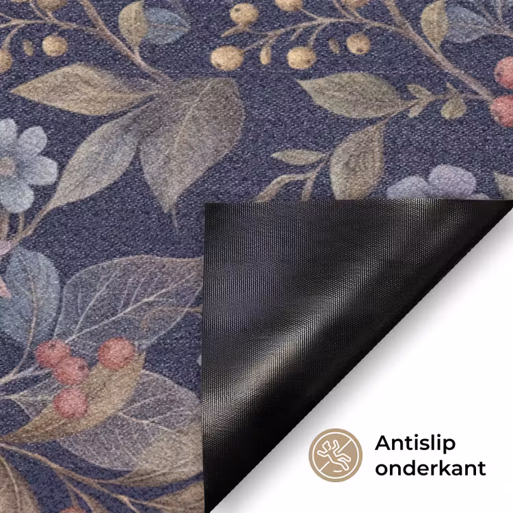 Bloemen - Bladeren - Patroon - Botanisch - Donkerblauw Deurmat klein -antislip_NL