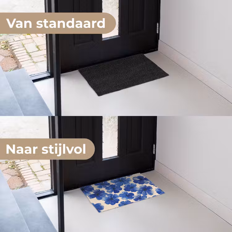 Bloemen - Blauw -Patroon - Wit Deurmat klein -voor-na_NL