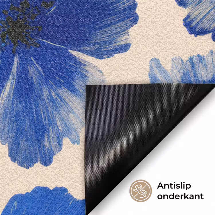 Bloemen - Blauw -Patroon - Wit Deurmat klein -antislip_NL