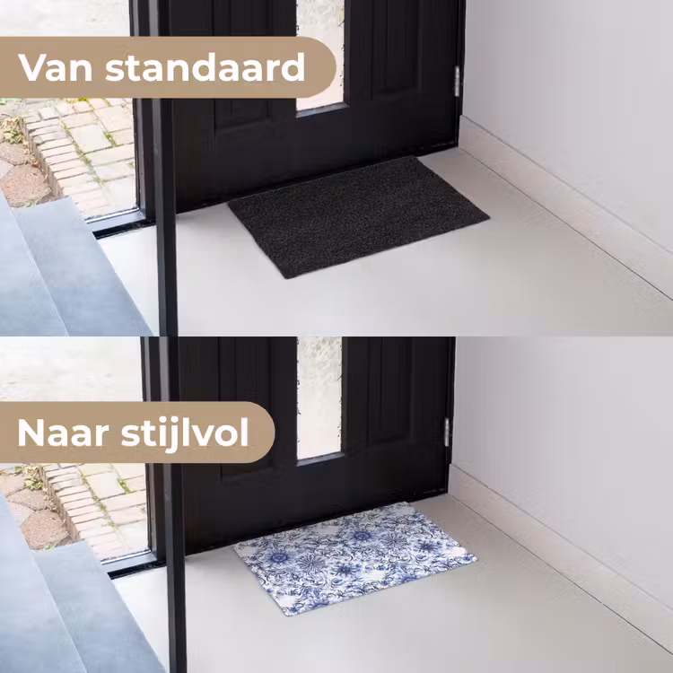 Bloemen - Blauw - Patroon - Wit Deurmat klein 898 -voor-na_NL