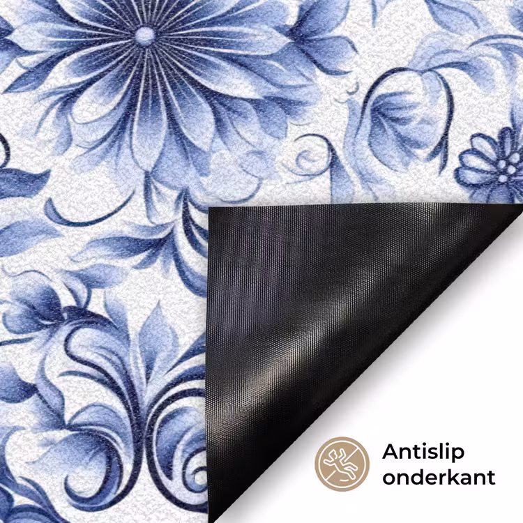 Bloemen - Blauw - Patroon - Wit Deurmat klein 898 -antislip_NL