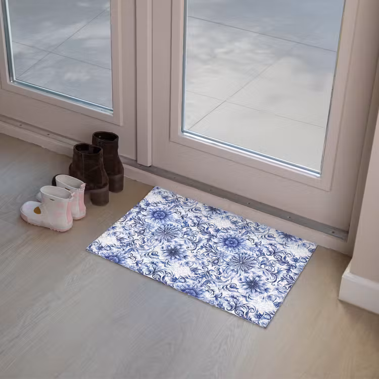 Bloemen - Blauw - Patroon - Wit Deurmat klein 898 -sfeer3