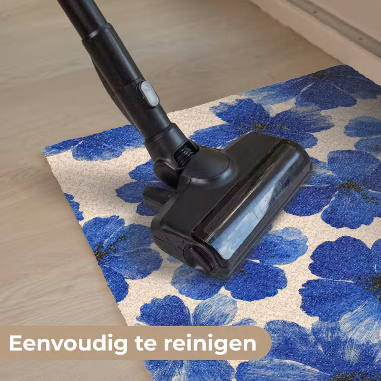 Bloemen - Blauw -Patroon - Wit Deurmat klein -reinigen_NL