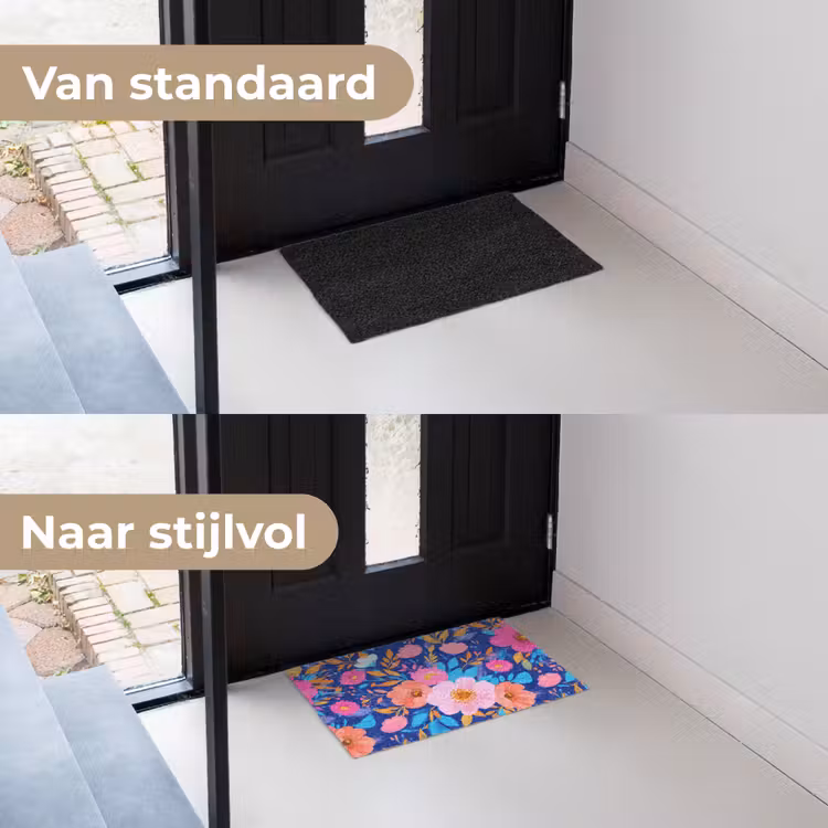 Bloemen - Blauw - Roze Deurmat klein -voor-na_NL