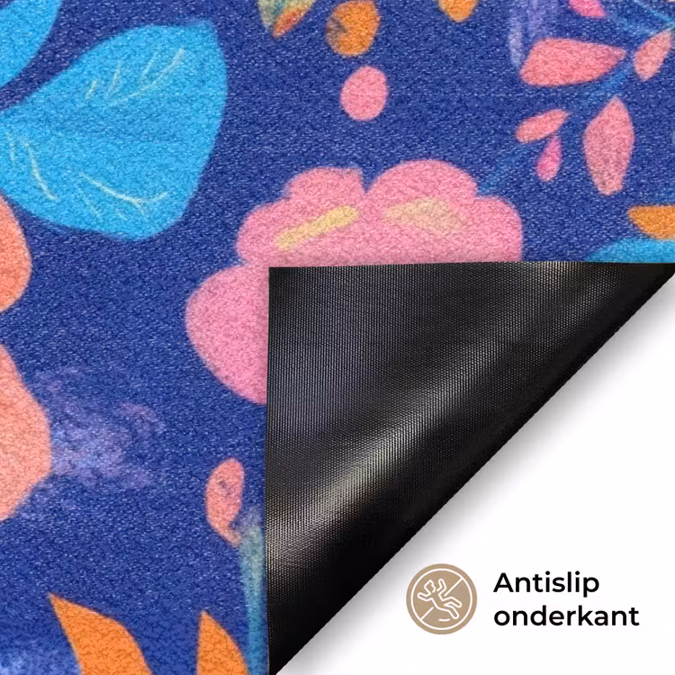 Bloemen - Blauw - Roze Deurmat klein -antislip_NL