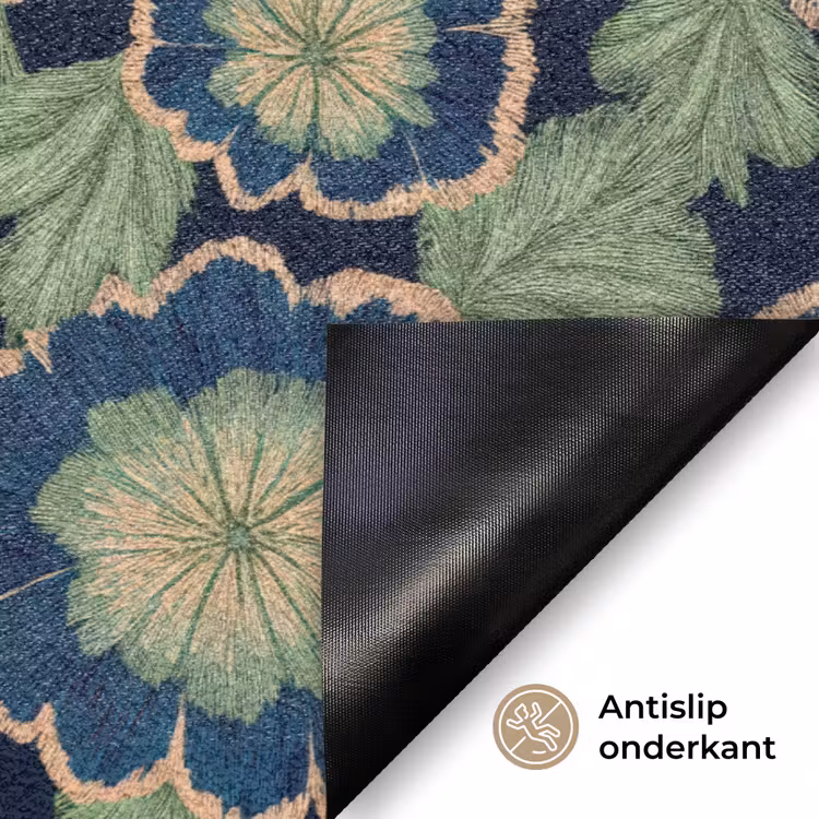 Bloemen - Borduurwerk - Patroon - Blauw - Groen Deurmat klein 898 -antislip_NL