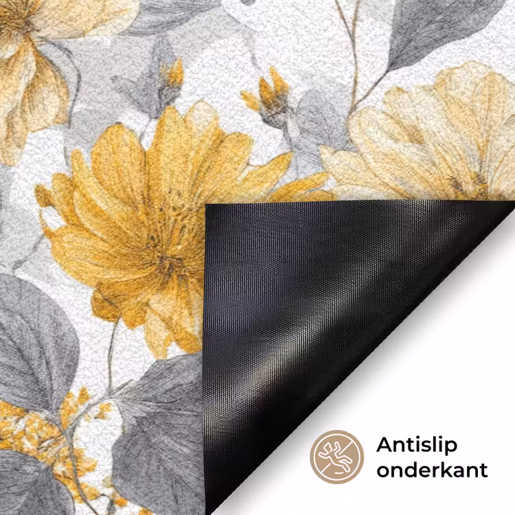 Bloemen - Botanisch - Elegant - Okergeel - Grijs Deurmat klein 898 -antislip_NL