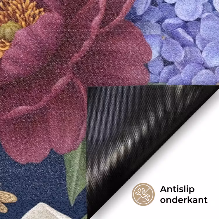 Bloemen - Parels - Decoratie - Modern - Blauw Deurmat klein -antislip_NL