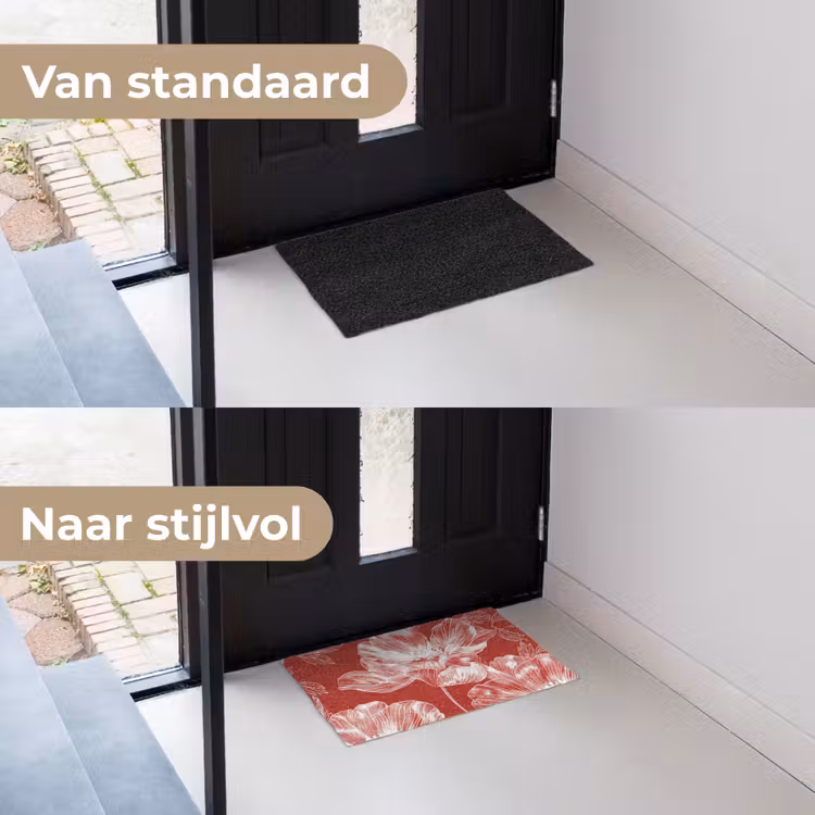 Bloemen - Patroon - Rood - Wit Deurmat klein -voor-na_NL