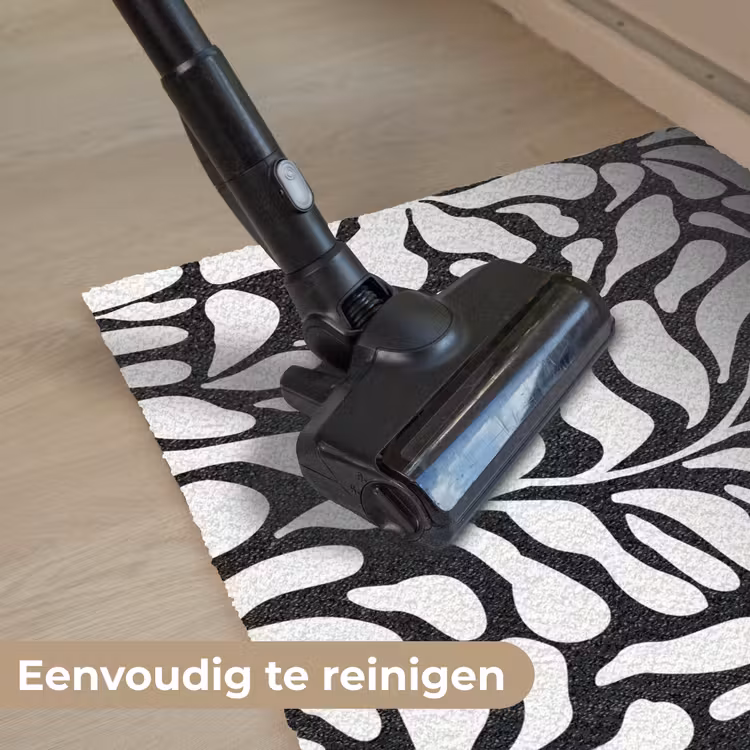 Bloemen print - Zwart - Wit - Bladeren Deurmat klein -reinigen_NL