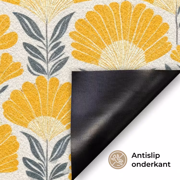 Bloemen - Retro - Botanisch - Okergeel - Grijs Deurmat klein 898 -antislip_NL