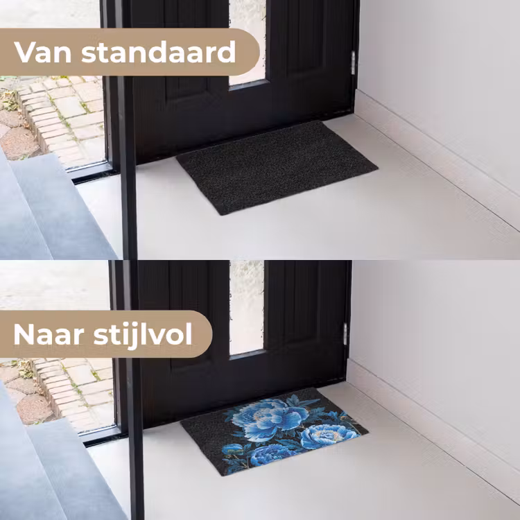 Bloemen - Zwart - Blauw - Modern Deurmat klein -voor-na_NL