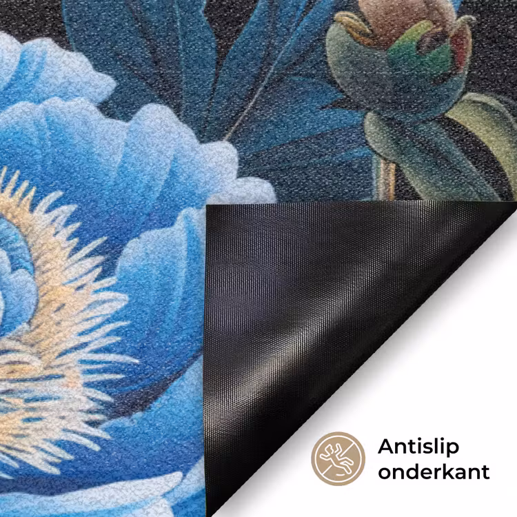 Bloemen - Zwart - Blauw - Modern Deurmat klein -antislip_NL