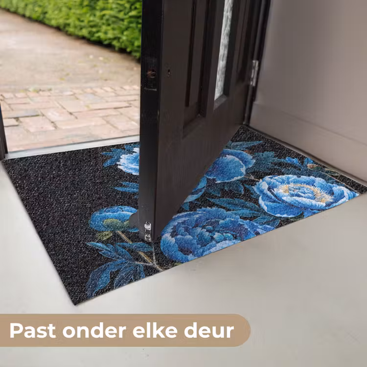 Bloemen - Zwart - Blauw - Modern Deurmat klein -USP_NL