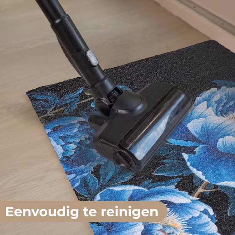 Bloemen - Zwart - Blauw - Modern Deurmat klein -reinigen_NL