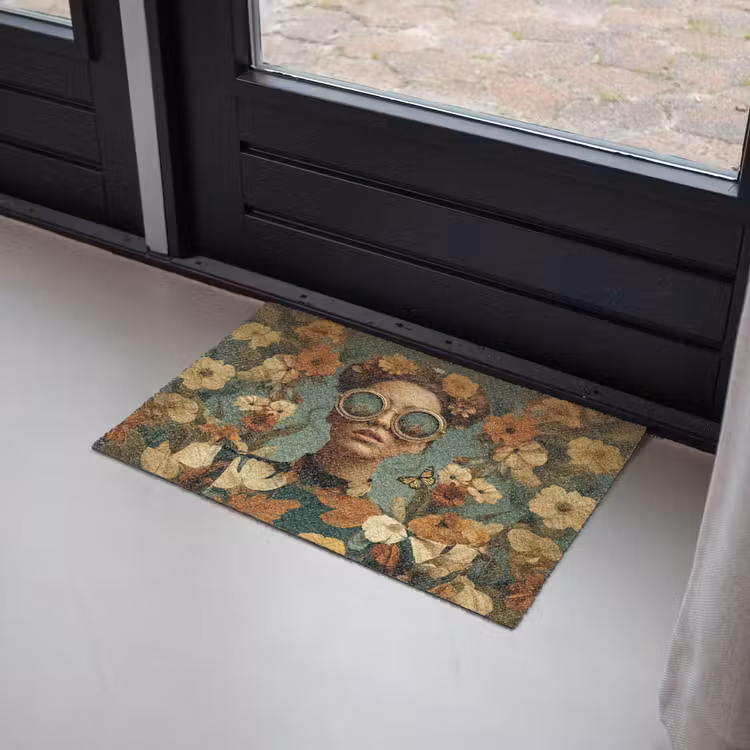 Bloemenkrans - Vrouwengezicht - Zonnebril - Oranje Deurmat klein -sfeer2