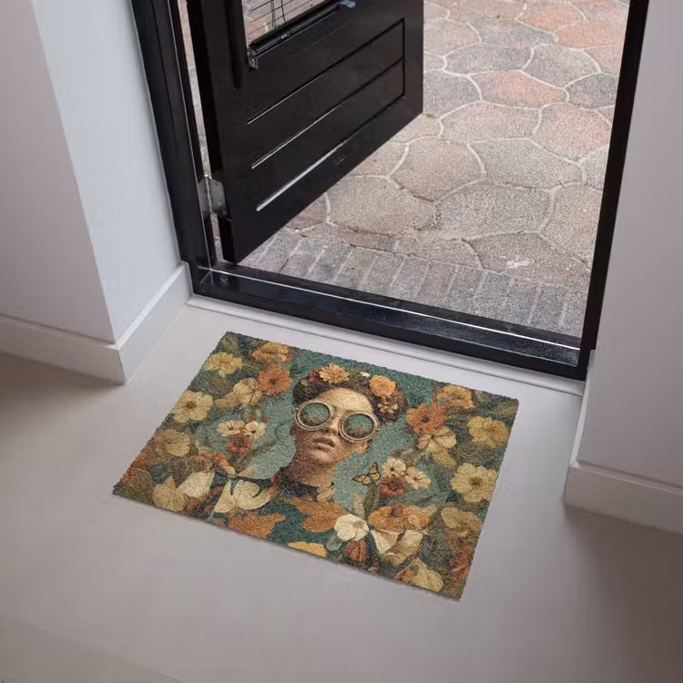 Bloemenkrans - Vrouwengezicht - Zonnebril - Oranje Deurmat klein -sfeer5