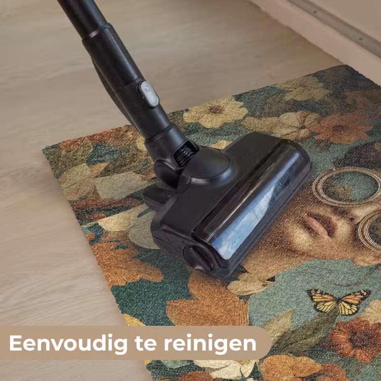 Bloemenkrans - Vrouwengezicht - Zonnebril - Oranje Deurmat klein -reinigen_NL