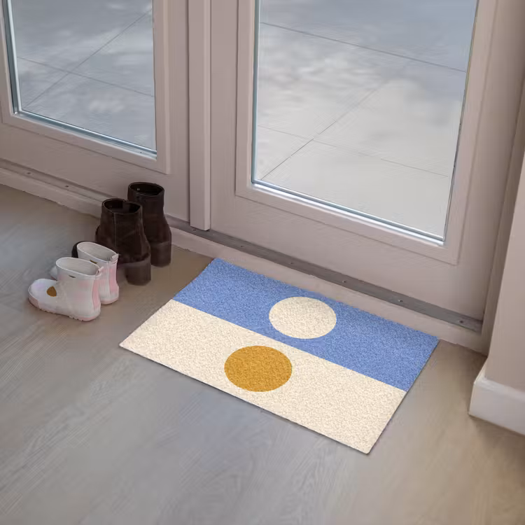 Cirkels - Symmetrisch - Wit - Blauw- Geel Deurmat klein -sfeer3