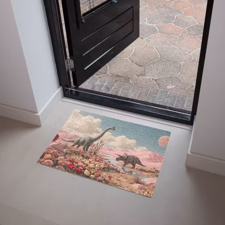 Deurmat - Dinosaurus - Roze - Landschap - Dinosaurus - Roze - Landschap Deurmat klein