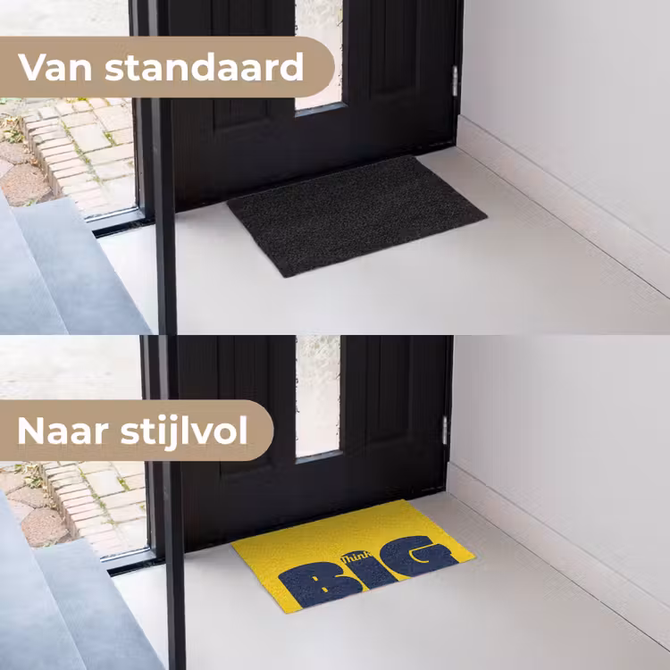 Geel - Think big - Grafisch Deurmat klein -voor-na_NL