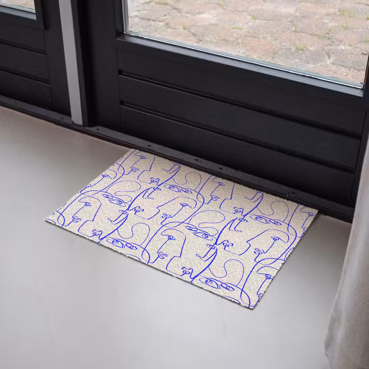 Gezicht - Blauw - Lijnen - Beige Deurmat klein 898 -sfeer2