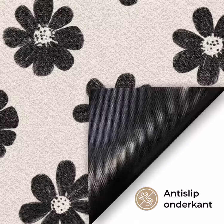 Grafisch - Madeliefjes - Zwart - Beige Deurmat klein 898 -antislip_NL