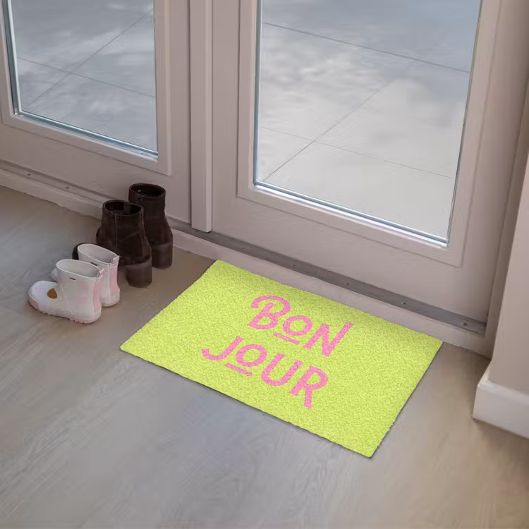 Groen - Roze bonjour - art-deco Deurmat klein -sfeer3