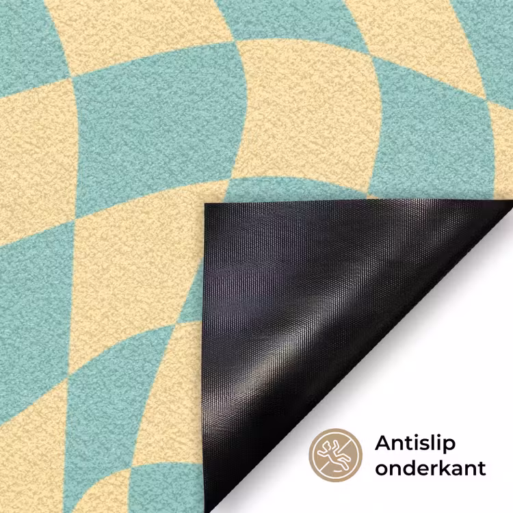 Hokjes patroon - Geel - Blauw - Golvende lijnen Deurmat klein -antislip_NL