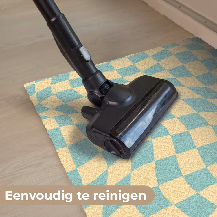 Hokjes patroon - Geel - Blauw - Golvende lijnen Deurmat klein -reinigen_NL
