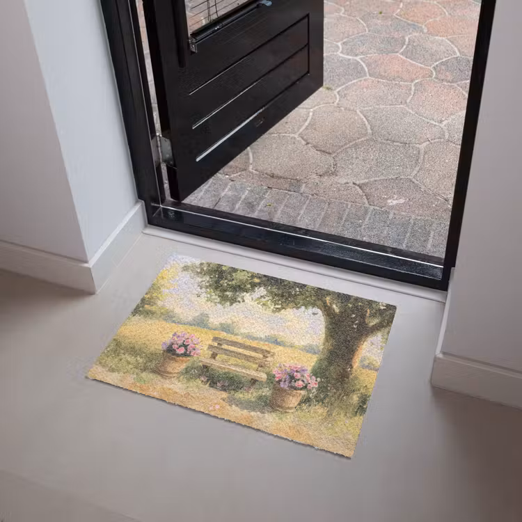 Houten bankje - Bloempotten - Landschap Deurmat klein -sfeer5