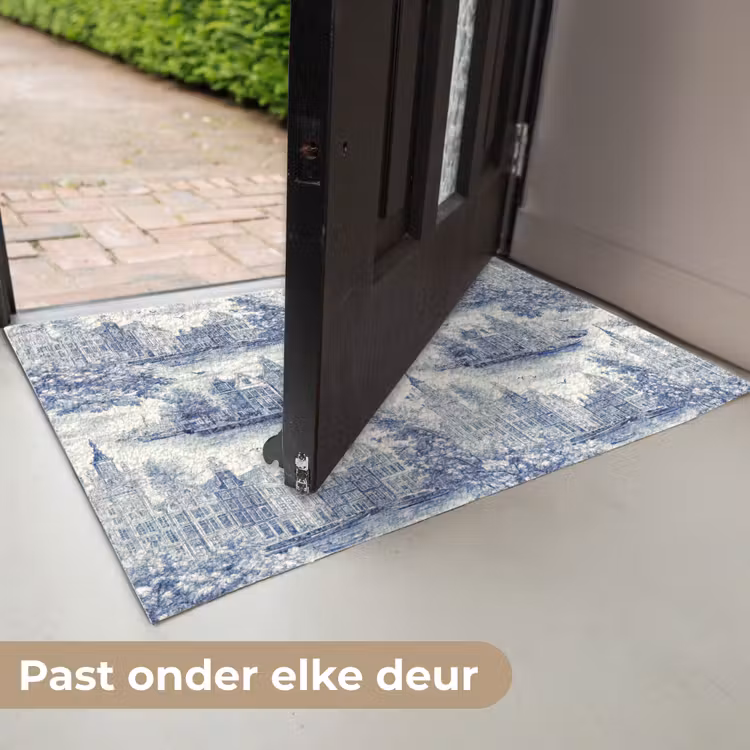 Huizen - Bomen - Water - Vogels - Blauw Deurmat klein 898 -USP_NL