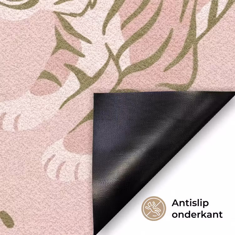 Kat - Springend - Bloemen - Abstract - Roze Deurmat klein -antislip_NL