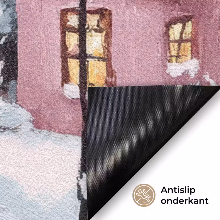 Kerstdorp - Roze - Winter - Sneeuw - Huizen Deurmat klein -antislip_NL