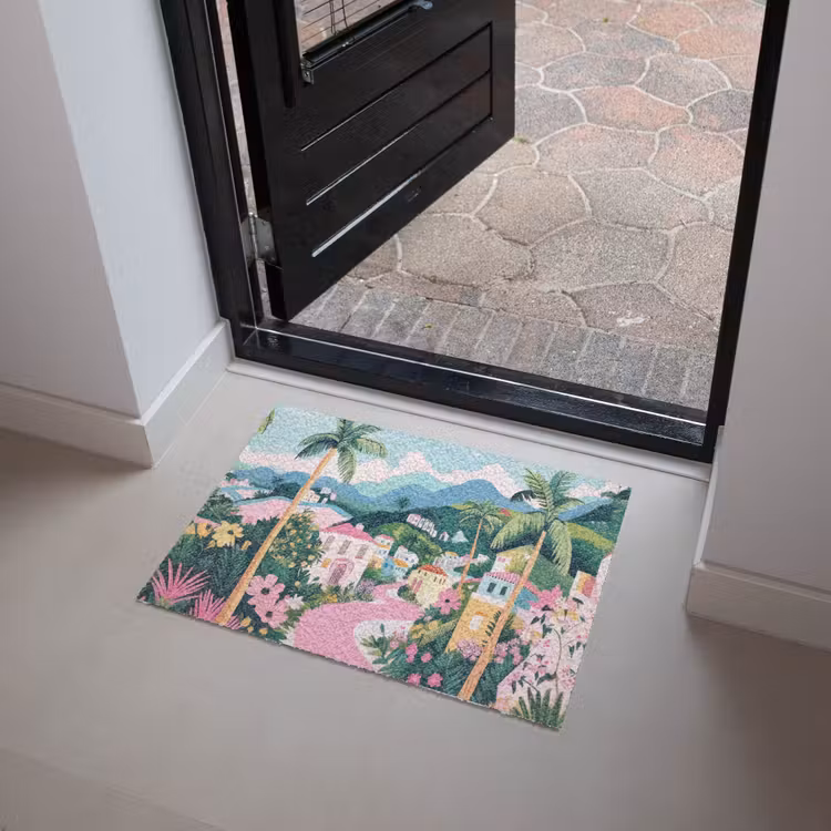 Kleurrijk - Huizen - Heuvels - Roze Deurmat klein -sfeer5