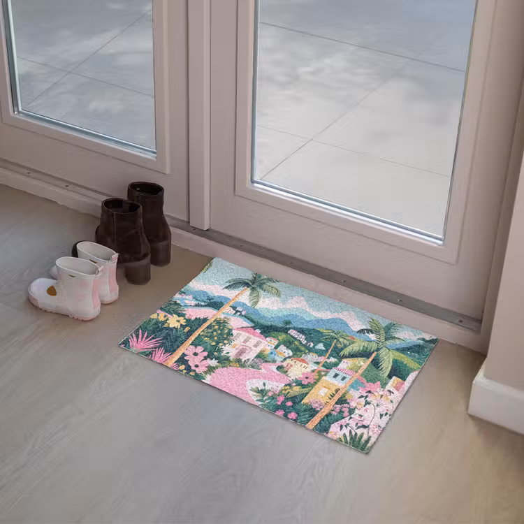 Kleurrijk - Huizen - Heuvels - Roze Deurmat klein -sfeer3