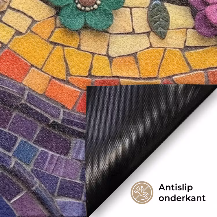 Levensboom - Mozaïek - Bloemen - Kleurrijk - Vrolijk Deurmat klein -antislip_NL