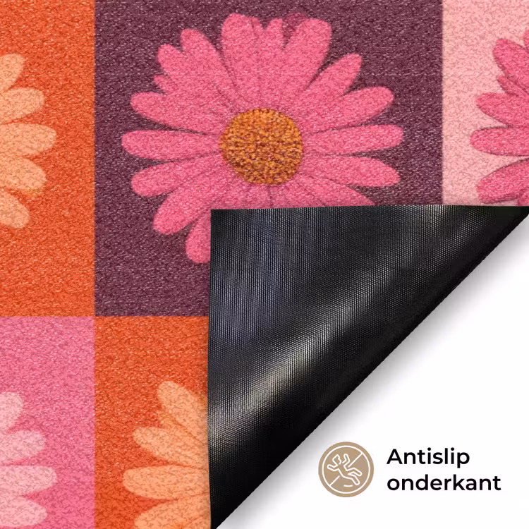 Madeliefjes - Dambord - Retro - Roze - Oranje Deurmat klein 898 -antislip_NL