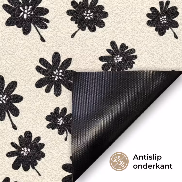 Madeliefjes - Grafisch - Zwart - Beige Deurmat klein 898 -antislip_NL