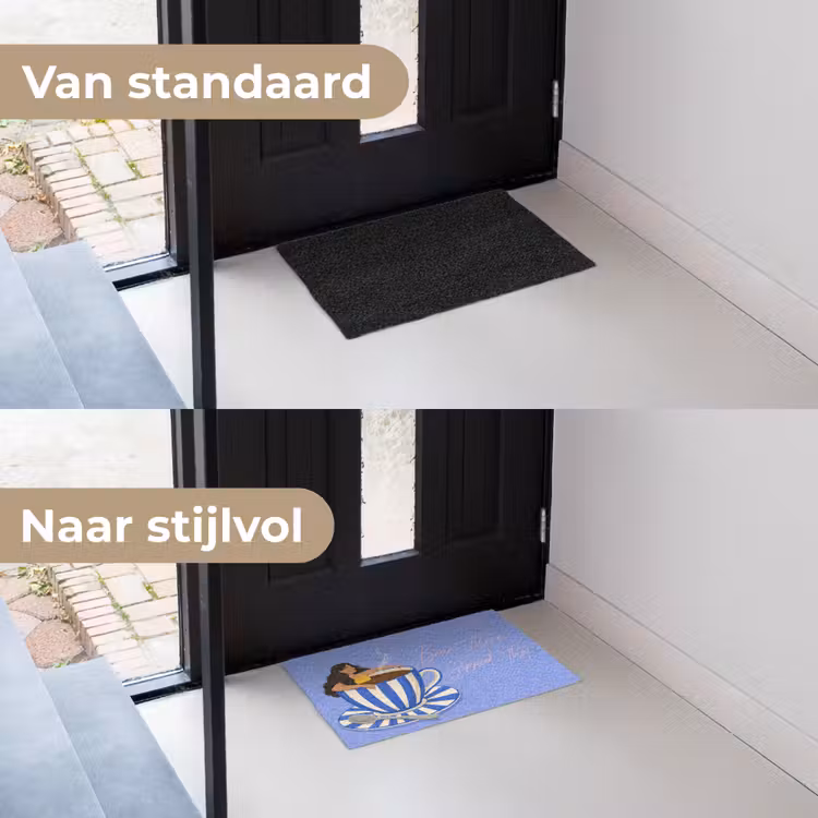Mok - Koffie - Vrouw - Paars Deurmat klein -voor-na_NL